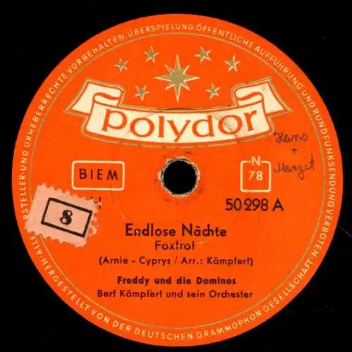 Schellackplatte 78 U/Min. : Freddy & Die Dominos -  Endlose Nächte / Bel Sante - 1956
