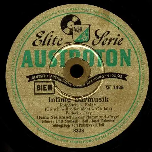 Schellackplatte : Heinz Neubrand mit seiner Hammondorgel - Intime Barmusik 3.Folge - 1950