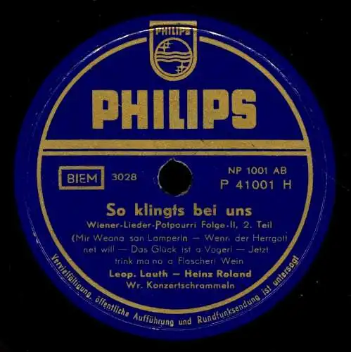 Schellackplatte : Leopold Lauth , Heinz Roland & Die Wiener Konzertschrammeln - So klingt's bei uns (Potpourri Wiener-Lieder)