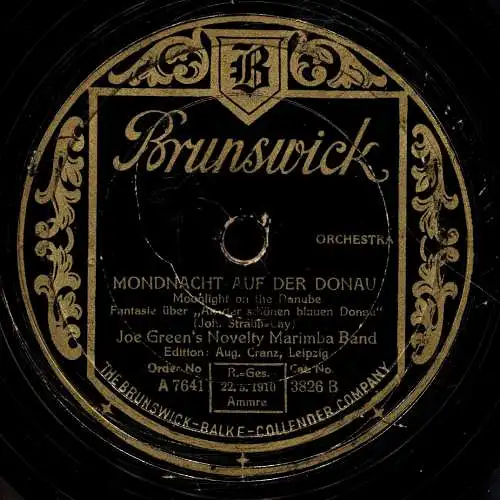 Schellackplatte 78 U/Min. :  Joe Green's Novelty Marimba Band - That Melody of Love / Mondnacht auf der Donau