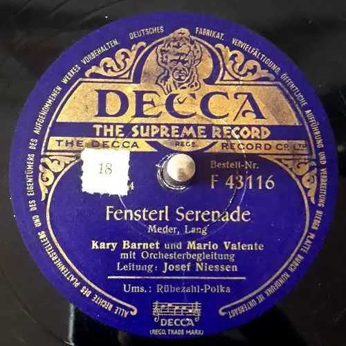 Schellackplatte 78 U/Min. : Kary Barnet & Mario Valente - Rübezahl-Polka / Fensterl-Serenade  - 1950