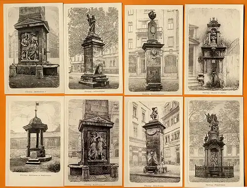 Würzburg  Würzburger Brunnen  gezeichnet Serie von 12 Künstler Postkarten Stengel Verlag 