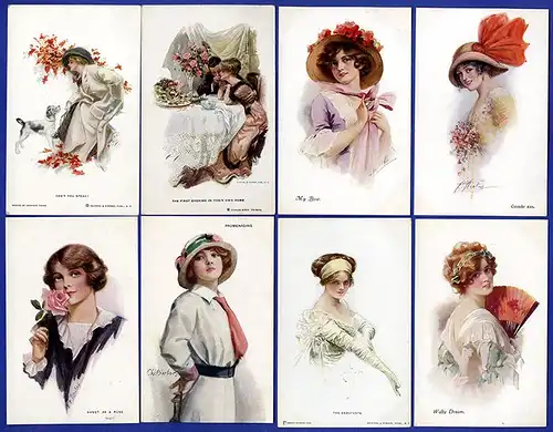 Britisch Girls Ladies Jugendstil Pinup Serie 13 farbige Künstler Postkarten 1920