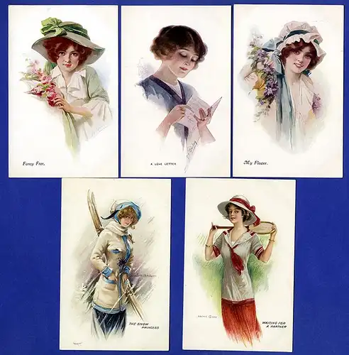 Britisch Girls Ladies Jugendstil Pinup Serie 13 farbige Künstler Postkarten 1920
