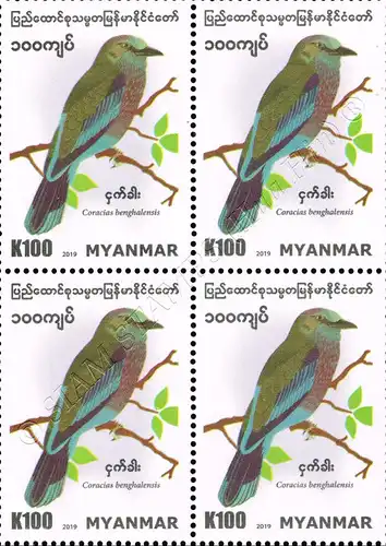Birds in Myanmar: Indian Roller (Coracias benghalensis) -BLOCK OF 4- (MNH)