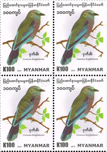 Vögel in Myanmar: Hinduracke (Coracias Benghalensis) -4er BLOCK- (**)