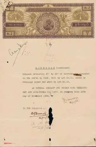 Burmesische Grundstück-Verkaufsurkunde von 1936 -(I)-