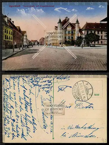 Orig. AK Ingolstadt Harderstraße Kriegerdenkmal Bayern gel. 1916