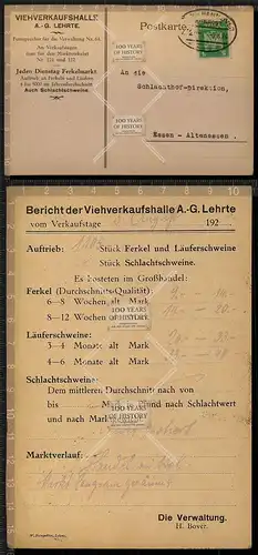 Original Postkarte Lehrte A. G. Viehverkaufshalle nach Essen Altenessen 1923-24