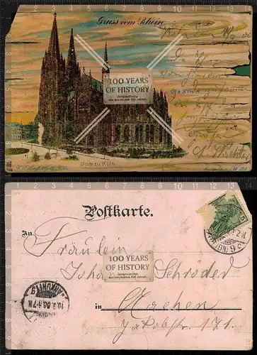 Orig. AK  Köln am Rhein Dom Karte verziert mit kleine Steine NRW gel. 1900