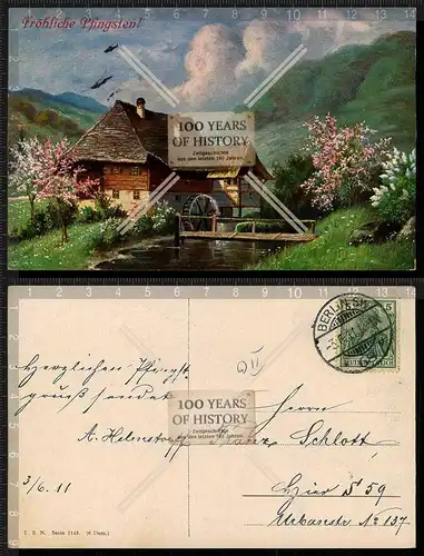 Orig. AK Frohe Fröhliche Pfingsten gel. 1911 Wassermühle