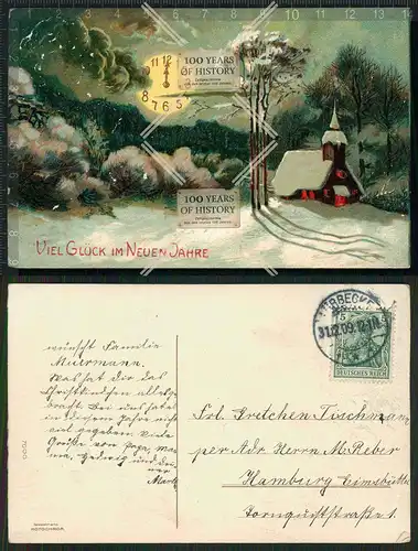 Orig. AK Neujahr Neues Jahr Sylvester Prägedruck gel. 1909 Mondscheinuhr