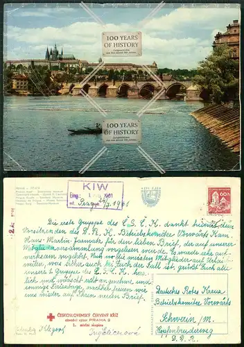 Große Postkarte Prag Tschechien gel. viele Stempel Briefmarken Deutsches Rotes K