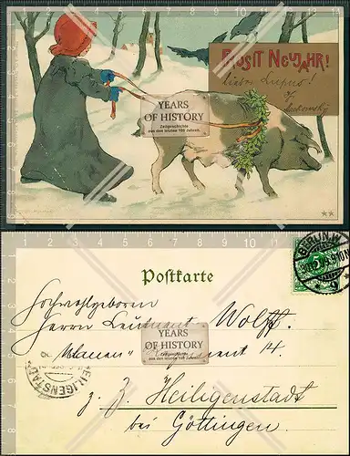 Orig. AK Neujahr Lithographie 1899 gel. Schwein an der Leine junges Mädchen Ka