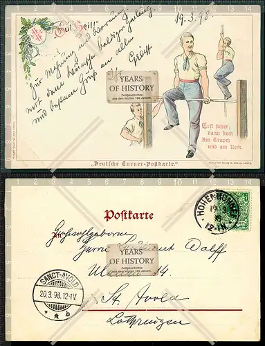 Orig. AK deutsche Turner Postkarte gut Heil 1898 gelaufen Verleimung lose