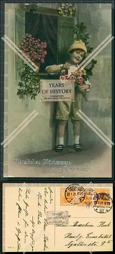 Orig. AK Glückwunsch zum Geburtstag Junge mit Rosenstrauß 1921 gelaufen Hambu