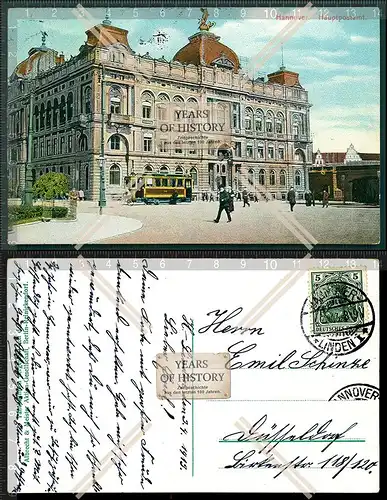 Orig. AK Hannover Passanten und Straßenbahn vor der Hauptpost 1913 gelaufen