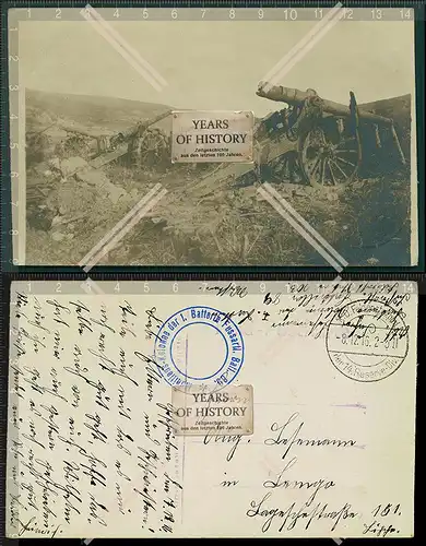 Orig. Foto AK 1.WK Geschütz Flak Gefecht gelaufen Feldpost 1916 Stempel Einhei