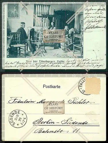 Orig. AK Bauernhaus Spinnrad Webstuhl aus der Lüneburger Heide gelaufen 1899