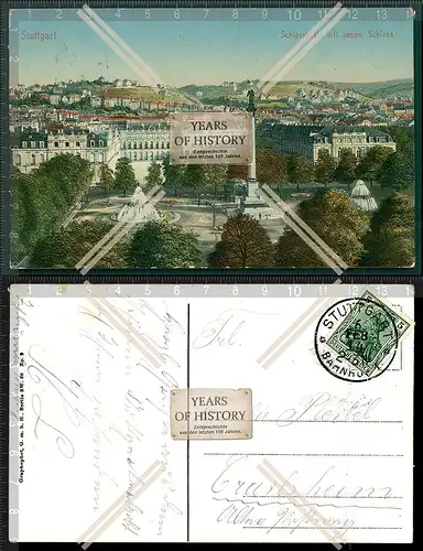 Orig. AK Stuttgart Schlossplatz mit neuem Schloss gelaufen 1914