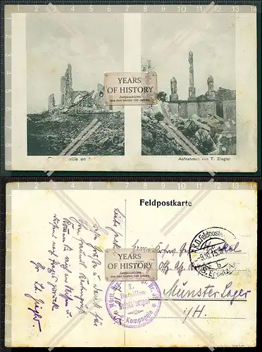 Orig. AK Feldpostkarte Frankreich zerstört gelaufen 1915 Stempel Einheit siehe