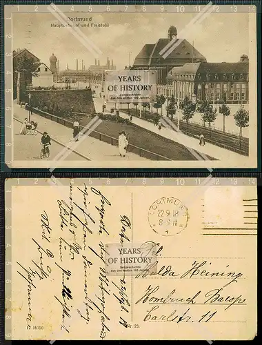 Orig. AK Dortmund Hauptbahnhof und Freistuhl gelaufen 1918