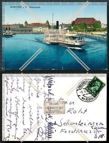 Orig. AK Konstanz am Bodensee Hafenpartie Dampfer gelaufen Friedrichshafen 1927