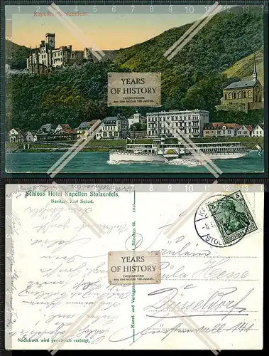Orig. AK Hotel Kapellen Stolzenfels Rhein Koblenz Dampfer gel. 1911