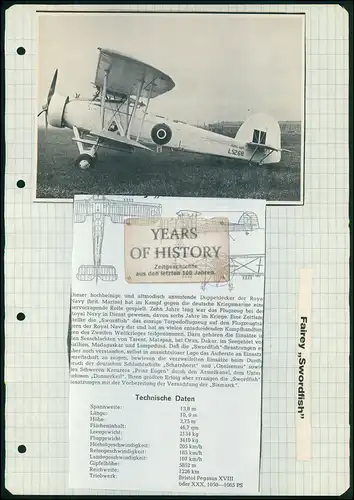 Foto Druck Datenblatt Flugzeug airplane aircraft Fairey Swordfish war ein Doppel
