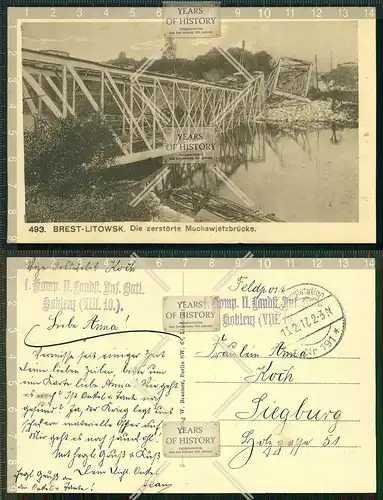 Orig. AK Brest Litowsk Weißrussland zerstörte Brücke gel. 1917