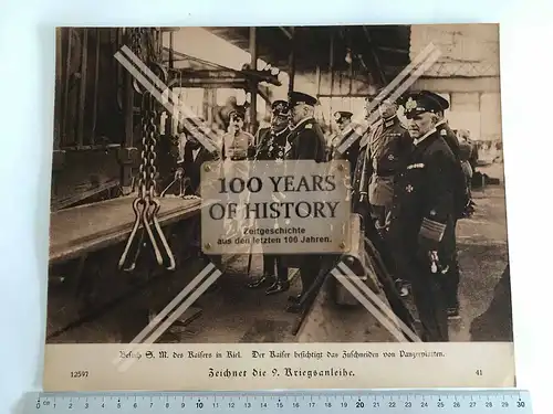 Orig. Foto Karton 1. WK Besuch des Kaisers in Kiel Zuschneiden von Panzerplatten