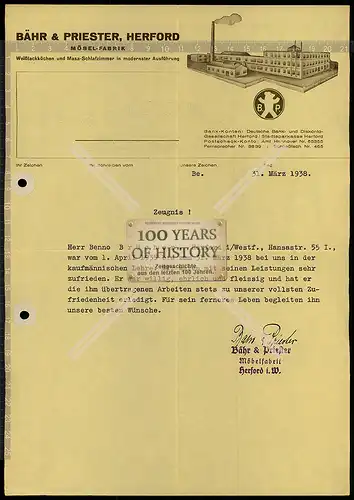 Orig. Zeugnis Firma Bahr u. Priester Herford 1938 Briefkopf Werk abgebildet