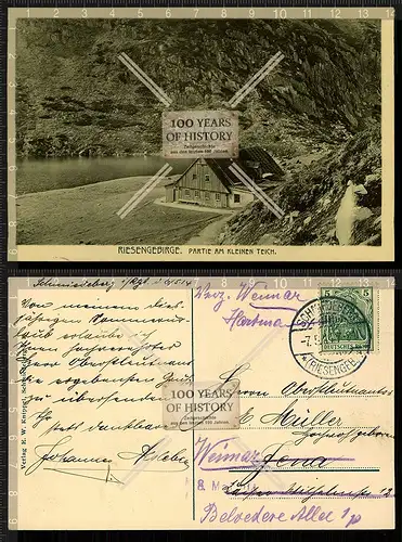 Orig. AK Am kleinen Teich gel. 1914 Riesengebirge Baude Schlesien Polen Tschechi