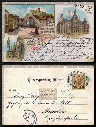 AK Graz Lithographie gel. 1897 Mausoleum Kaiser Ferdinands II Hauptplatz Rathaus