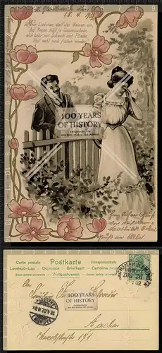 Orig. AK Jugendstil Blumen Prägedruck Liebespaar am Zaun gelaufen 1902