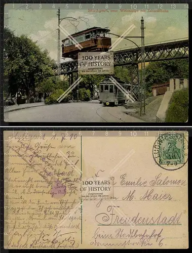 Orig. AK Stuttgart Zahnradbahn Straßenbahn Zug Neue Weinsteige gel. 1910