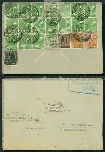 Orig.  Mehrfachfrankatur 22x 10 Pfennig Deutsche Post 1948 gel. Heilbronn Neckar