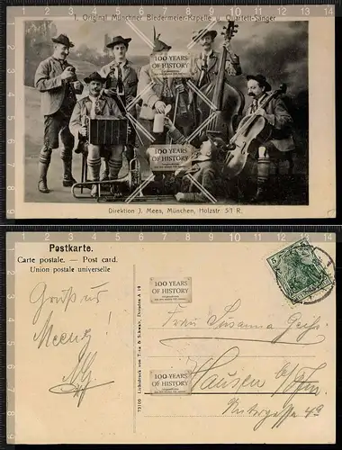 Orig. AK Münchener Biedermeier Kapelle Quartett Sänger gel. 1909