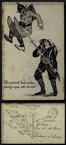 Orig. AK Frankreich gel. 1914 Satire Karikatur Soldaten uvm