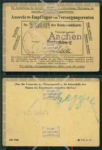 Orig. Ausweis Aachen 1941 für Empfänger von Versorgungsrenten