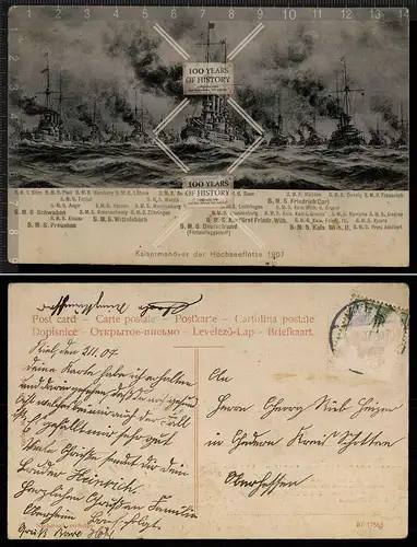 Orig. AK Kaisermanöver der Hochseeflotte 1907 12x SMS Schiffe Kriegsschiff gel.