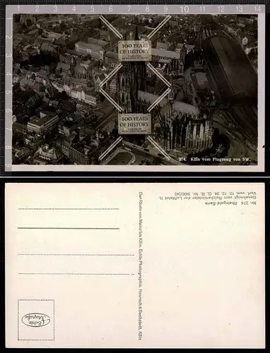 Orig. AK Köln Luftbild Bahnhof Dom Kirche Rhein schöne Karte 1935