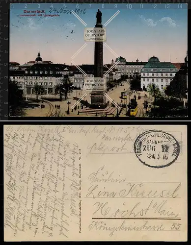 Orig. AK Darmstadt Louisenplatz Ludwigsäule Hessen Bahnpost gel. 1916