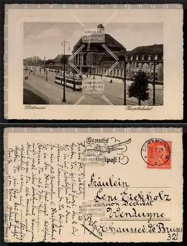 Orig. AK Dortmund Hauptbahnhof Straßenbahn 1928 gelaufen