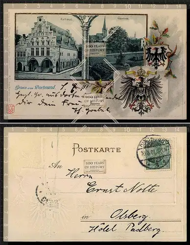 Orig. AK Dortmund Vehmlinde Rathaus Prägedruck Wappen Adler 1901 gelaufen