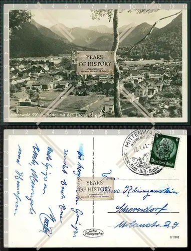Orig. Foto AK Mittenwald Isartal Tiroler Berge Alpen Blick 1941 gelaufen echte