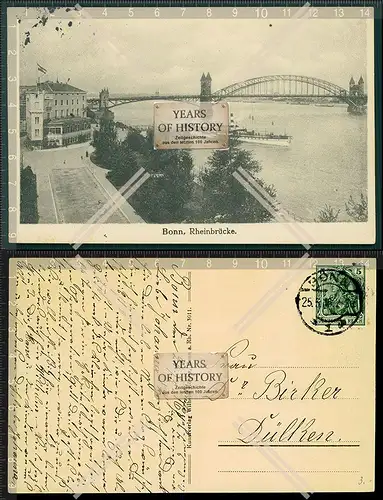 Orig. AK Bonn Rheinbrücke Dampfer Anleger Boot 1916 gelaufen