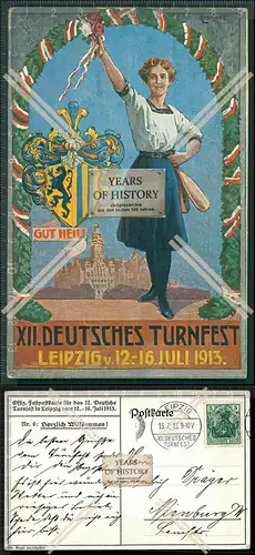 Orig. AK 12. Deutsches Turnfest in Leipzig 1913 gelaufen 1913 Turnfest Stempel
