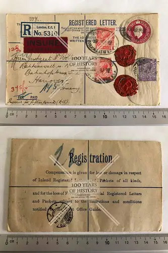 Orig. Brief Siegel Briefsiegel Briefmarke Stempel gel. 1926-27 England nach Hann