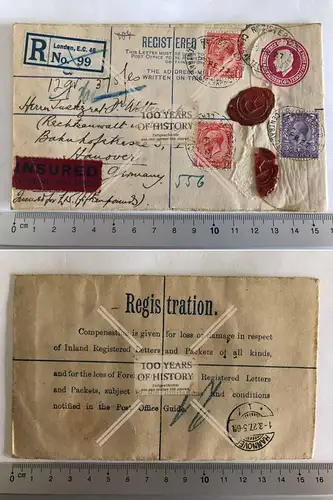 Orig. Brief Siegel Briefsiegel Briefmarke Stempel gel. 1926-27 England nach Hann